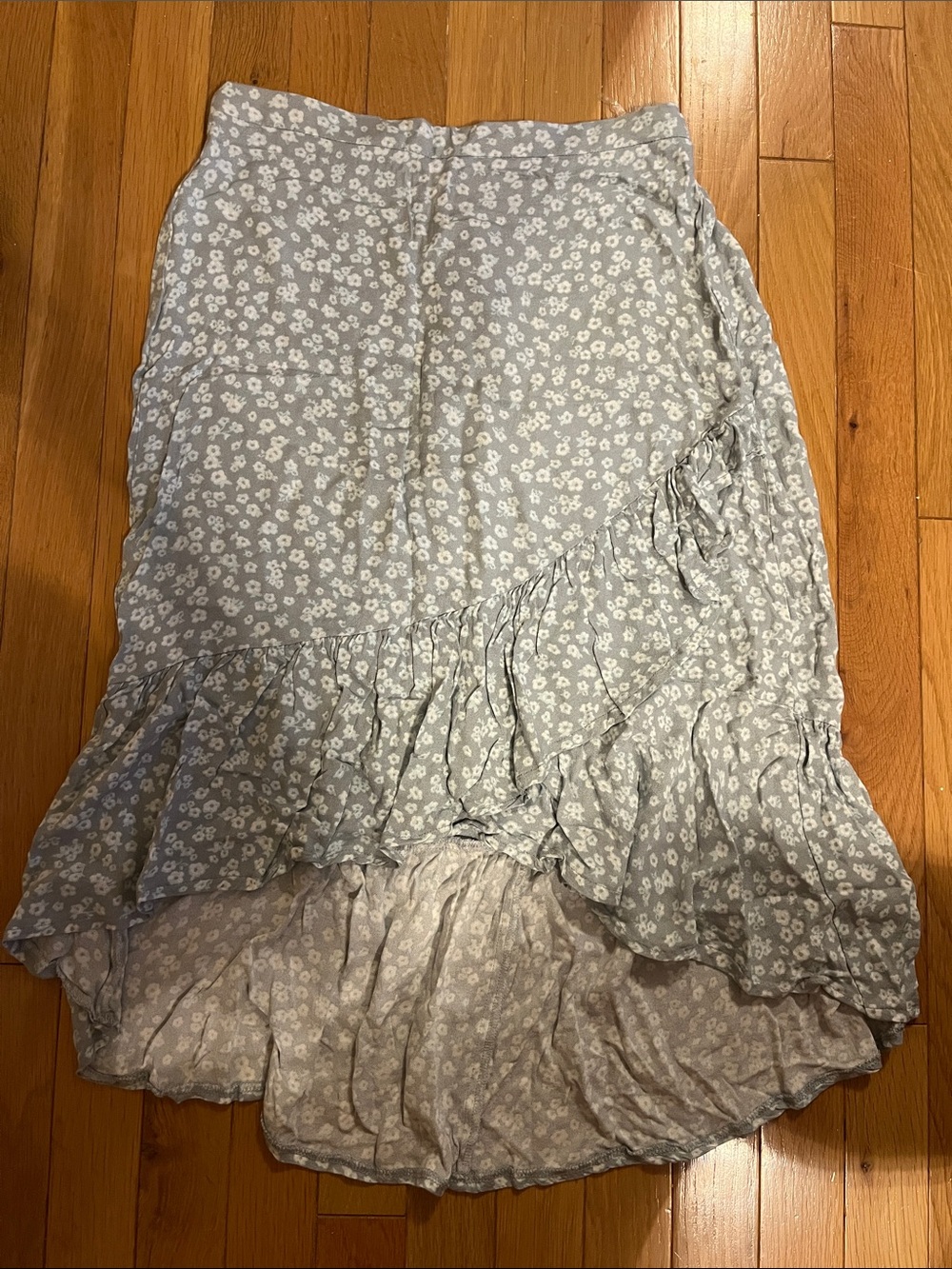 Light blue and white floral midi high low skirt